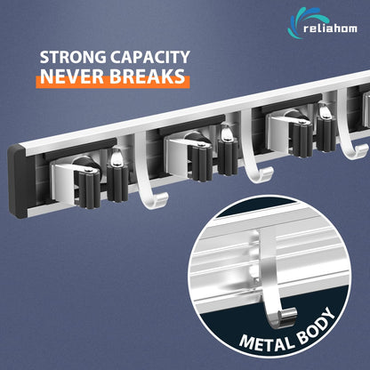 reliahom Broom Holder Wall Mount Mop Hanger Tools organizer 5Racks 4Hooks | Adjustable Mop Broom Wall Hanging Heavy duty Tools Storage Rack Space-saving for Garage,Kitchen,Laundry Room,Garden, Silver