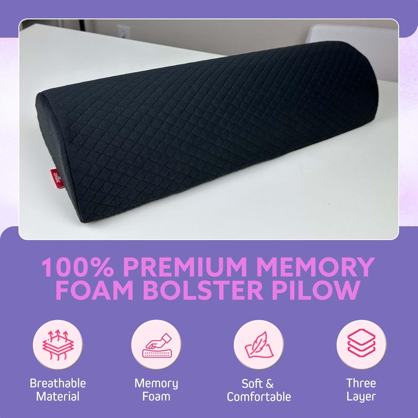 Knee Pillow for Back Sleeping, Bolster Pillow, Black 20 in | Versatile massage bolster provides comfortable under knee pillow support with a non-slip base for stability.