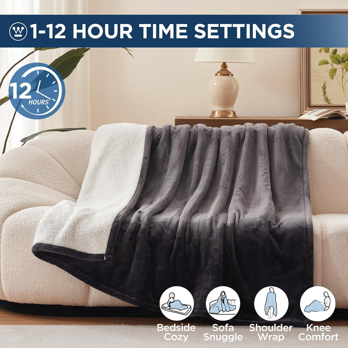 Westinghouse Heated Throw Blanket, 50"x60", Charcoal, ETL Certified