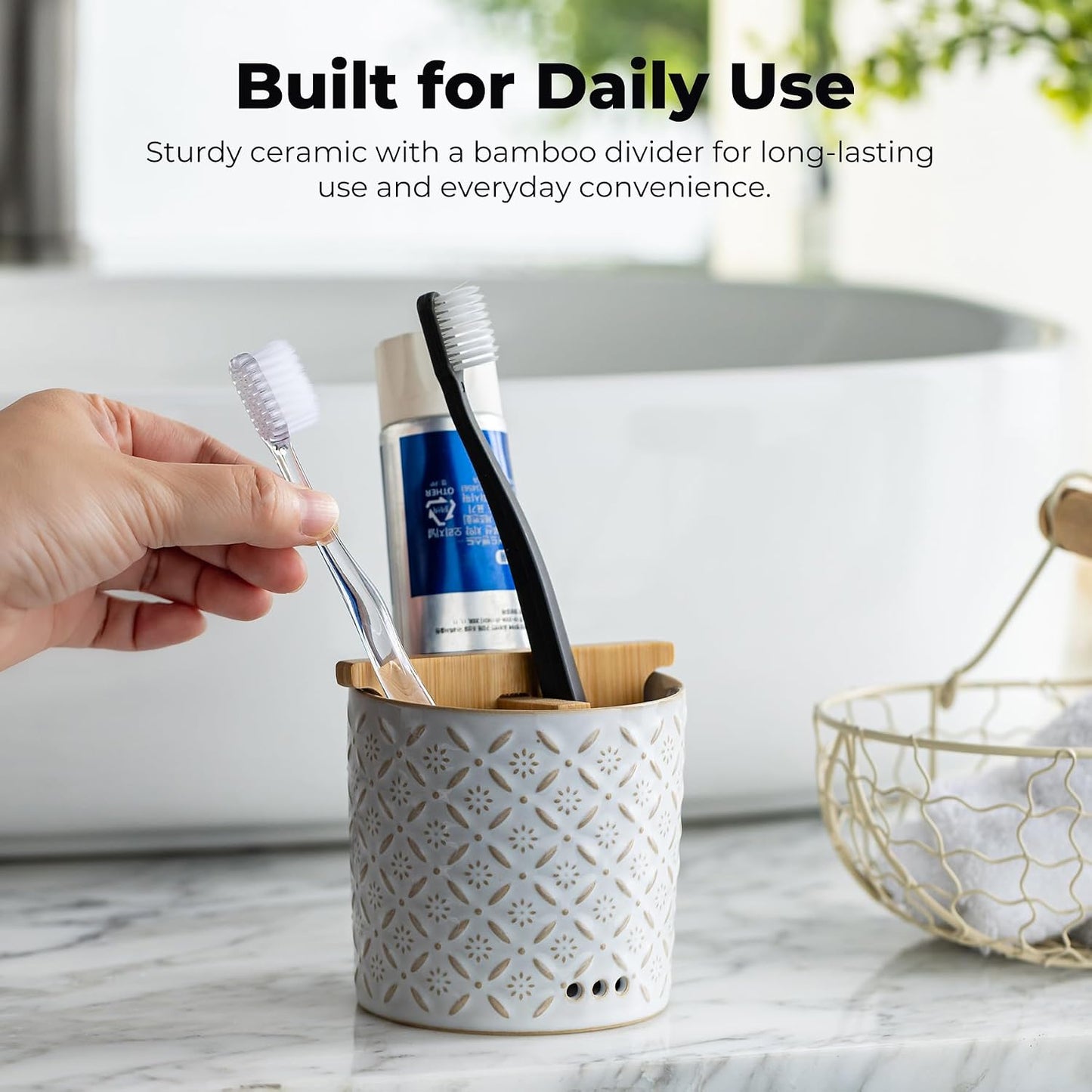 Zoeeker Toothbrush Holder with Drainage, Ceramic Toothbrush Holders Set | Electric Toothbrush & Toothpaste Holder for Bathrooms Self-draining Tooth Brush Cup Countertop Organizers for Family, Yellow