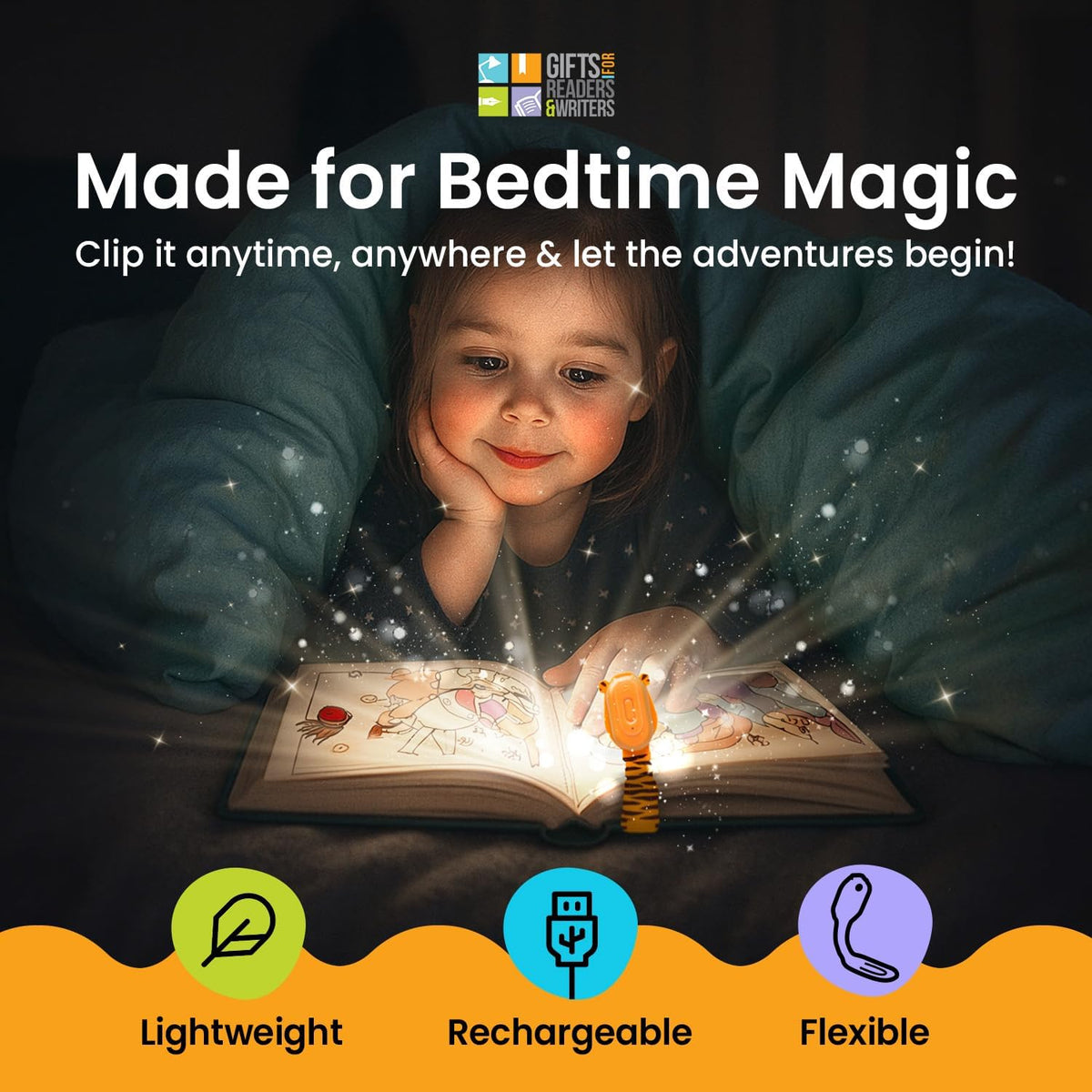 Gifts for Readers & Writers Rechargeable Book Light for Kids, Clip On Reading Light for Bed, 2in1 Flexilight Pals & Bookmark, 12 Hours of Light Once Charged, Includes USB Cable & 2 LED Lights, Dog