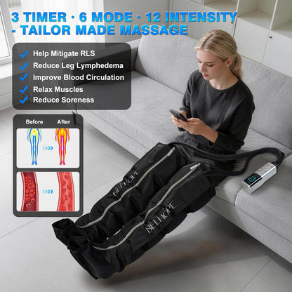 Leg Compression Massager for Circulation and Pain Relief, Full Leg 5-Zone Compression Boots with 10 Air Chambers, 12 Levels, Foot and Leg Massager for Muscle Recovery for Athletes, Black