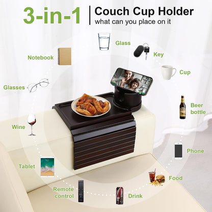 Couch Cup Holder - 3 in 1 Sofa Arm Tray with 360° Rotating Cup Holder & Phone Stand,Arm Chair Rest Table Fits Various of Large Width Couches Armrest,Anti-Slip Foldable Couch Tray for Drinks