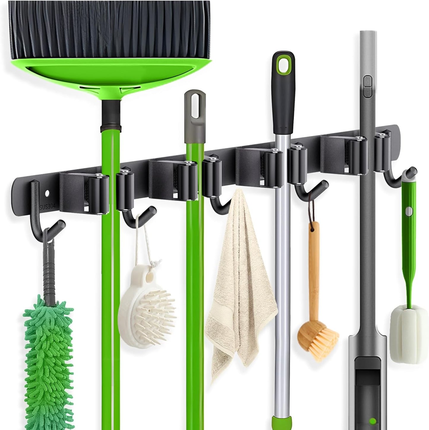 ZONGOOL 2 Pack Mop Broom Holder Wall Mount 4 Racks 5 Hooks Storage Black | 304 Rustproof Stainless Steel Broom Hanger, Non-Slip Wall Mount Organizer, Space Saving For Kitchen, Laundry, Garden