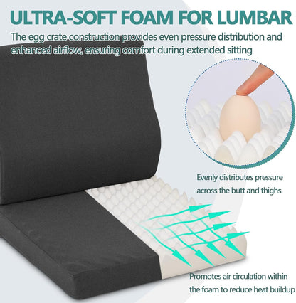Shinnwa Lumbar Support Pillow for Recliner, Ultra-Soft Foam Back Support Pillow and Egg Crate Foam Seat Cushion 2-in-1 for Couch, Office Chair, for Back Pain Relief, Brown