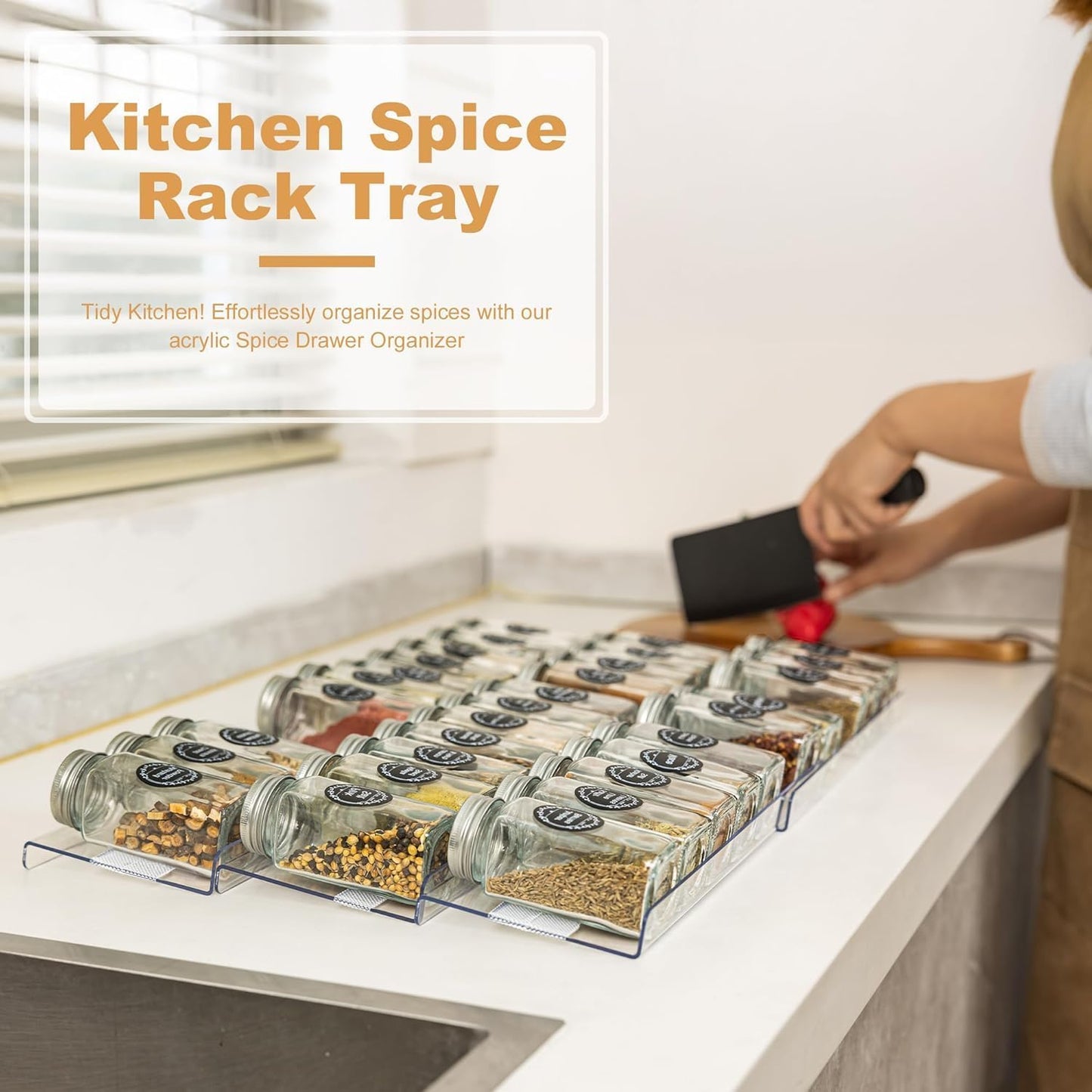 8-Pack Spice Drawer Organizer, Expandable Acrylic Seasoning Rack (13" to 26") with Anti-Slip Mat, Kitchen Spice Rack Holds up to 56 Jars (Jars Not Included)