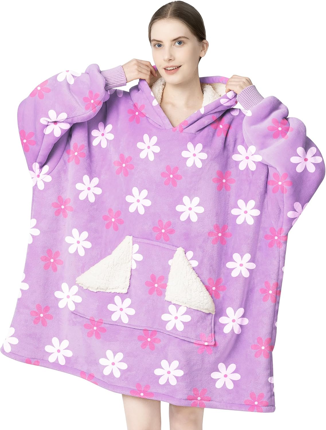 Wearable Blanket Hoodie, Oversized Sherpa Fleece Sweatshirt Blanket with Giant Hood Pocket and Sleeves for Adult, Warm & Cozy Grey Blanket Gifts for Women