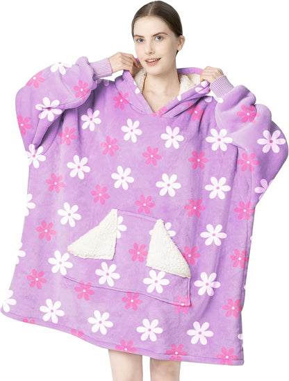 Wearable Blanket Hoodie, Oversized Sherpa Fleece Sweatshirt Blanket with Giant Hood Pocket and Sleeves for Adult, Warm & Cozy Grey Blanket Gifts for Women