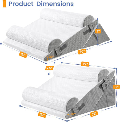 Sasttie Adjustable Wedge Pillow Set for After Surgery, Dark Grey & White | Bed Wedge Pillow Headboard with Memory Foam Neck Cushion, for Acid Reflux, Sleeping, Neck & Back Support