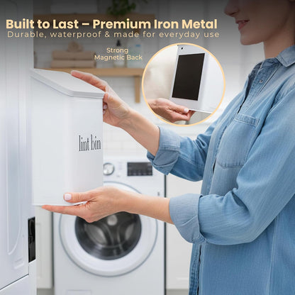 TIRIA Magnetic Lint Bin Wall Mount Metal Dryer Lint Collector Trash Cans 5L | For Laundry Room With Lid, Strong Nylon Brush, Iron Black Magnetic Hook, Adhesive Hooks, Compact Space Saving Metal Design 5L