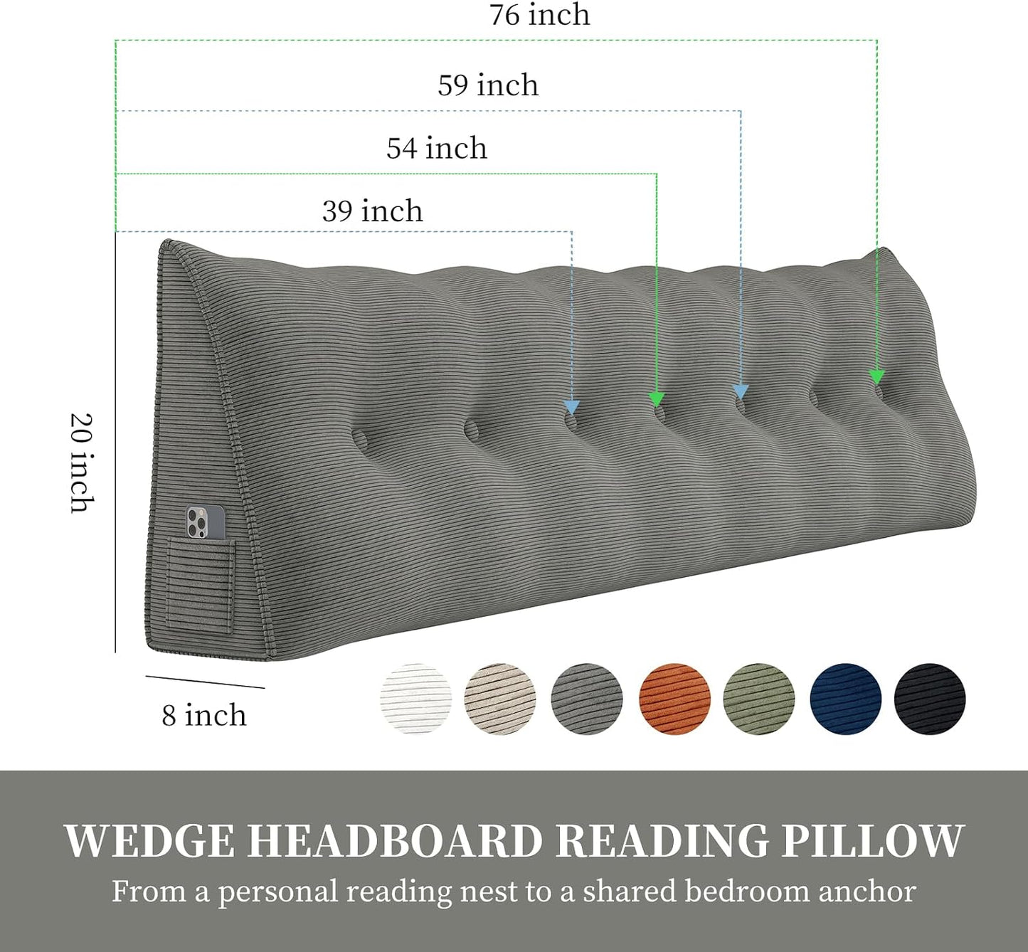Headboard Wedge Pillows for Sitting Up in Bed Rest Adult，Triangular Upholstered Stuffed Reading Pillow for Sofa Couch Back Cushions Lumbar Body Support Dorm Bedroom（King，Corduroy Gray）