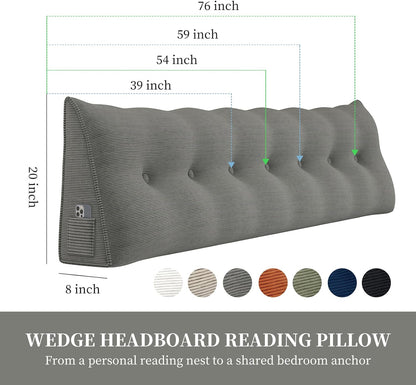 Headboard Wedge Pillows for Sitting Up in Bed Rest Adult，Triangular Upholstered Stuffed Reading Pillow for Sofa Couch Back Cushions Lumbar Body Support Dorm Bedroom（King，Corduroy Gray）