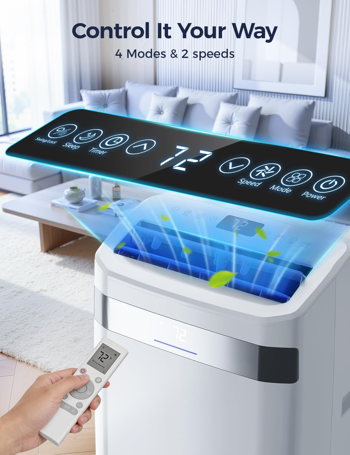 14000BTU Portable Air Conditioner, 4-in-1 700 Sq. Ft, Quiet for room | 14000BTU AC cools 700sq.ft, 4-in-1 cool/fan/dry/sleep, quiet, LED, remote, 24H timer, kit, for bed/office/dorm.