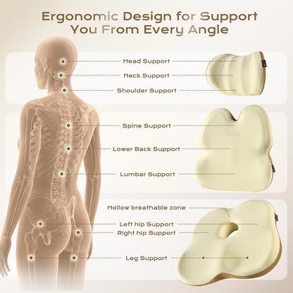 Coverado Lumbar Support Pillow and Seat Cushions for Office Chairs, Memory Foam Orthopedic Coccyx Cushion for Tailbone Pain Cushion Pillow & Back Pain Pressure Relief Seat Cushion Coffee&Beige
