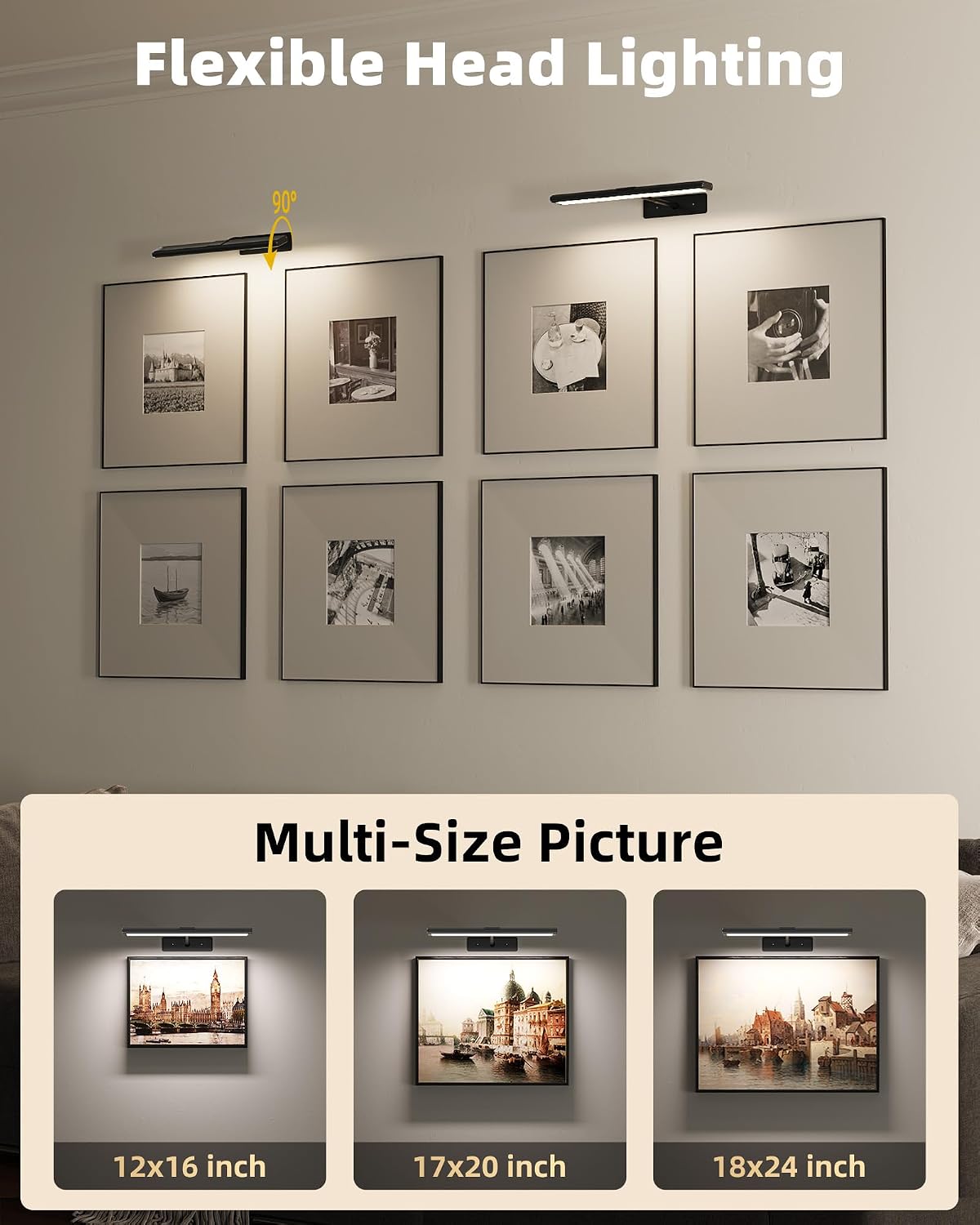 EZVALO Picture Light for Wall, 4800mAh Rechargeable Wireless Gold Light with IR Remote, Dimmable Magnetic LED Art Display Light with 3 Color Temperatures, for Gallery, Living Room, Bedroom(2Pack)