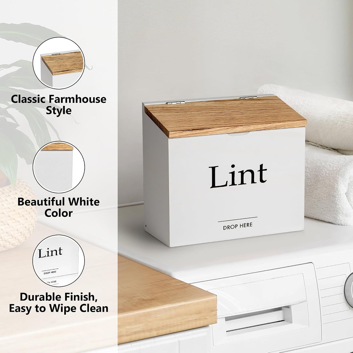 Magnetic Lint Bin for Laundry Room, Compact Size | Wooden Dryer Lint Bin with Lid - Rustic Lint Box, Magnetic Bin - Modern Farmhouse Laundry Room Decor, Black with Torched Lid