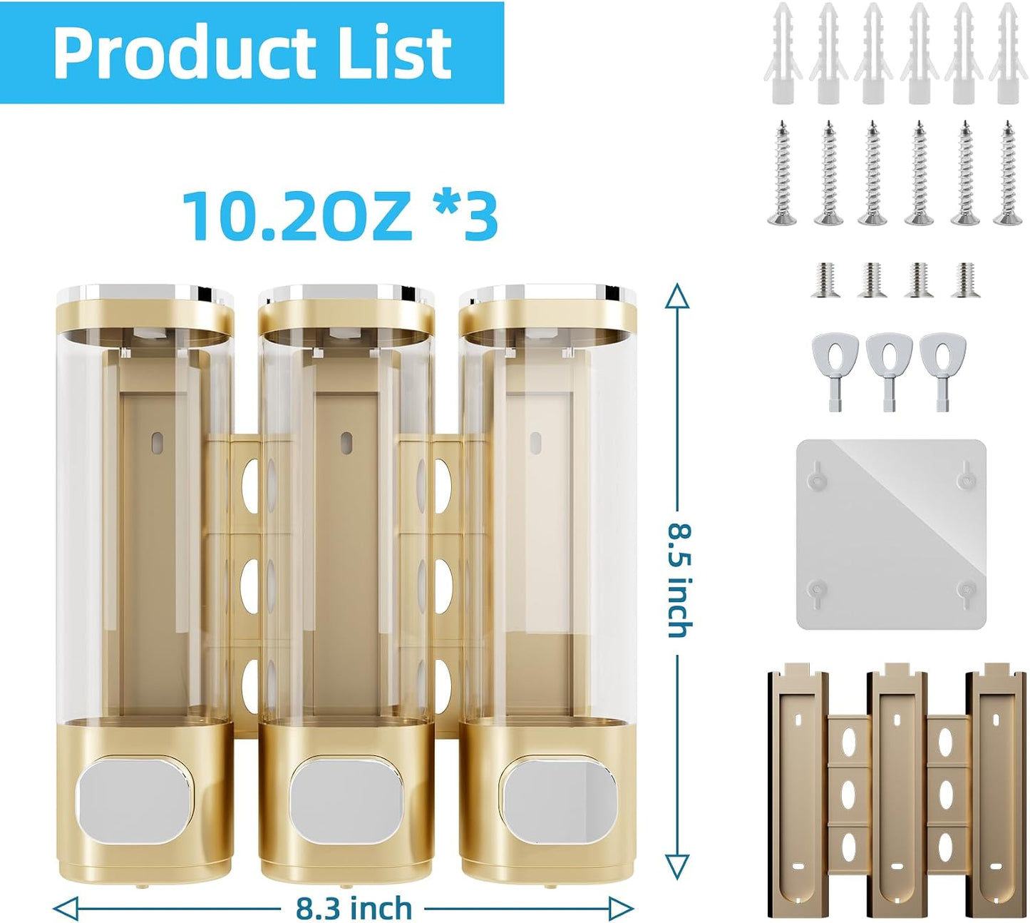 Shampoo and Conditioner Dispenser for Shower Wall Mount 3 Chamber, Black | Shower Soap Dispenser for Wall, 10.2 OZ Plastic Refillable Body Wash Bottles for Bathroom, No Drill Wall Mounted