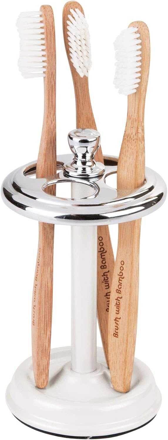 iDesign Steel Divided Toothbrush Holder Stand, 3.25" x 3.25" x 5.75" | Four Divided Compartments, Brushed Nickel & Polished Chrome
