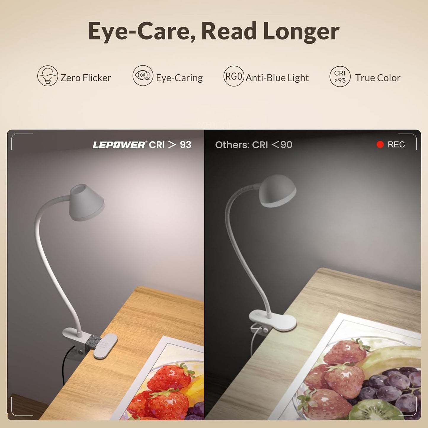 LEPOWER Clip on Light, Reading Lights for Books in Bed, 400LM, RG0 Eye-Care | 5 Colors & Stepless Dimming, Amber Glow Light & Auto Timer, Up to 2.3" Strong Clamp with Adapter for Headboard, Bedside, Desk