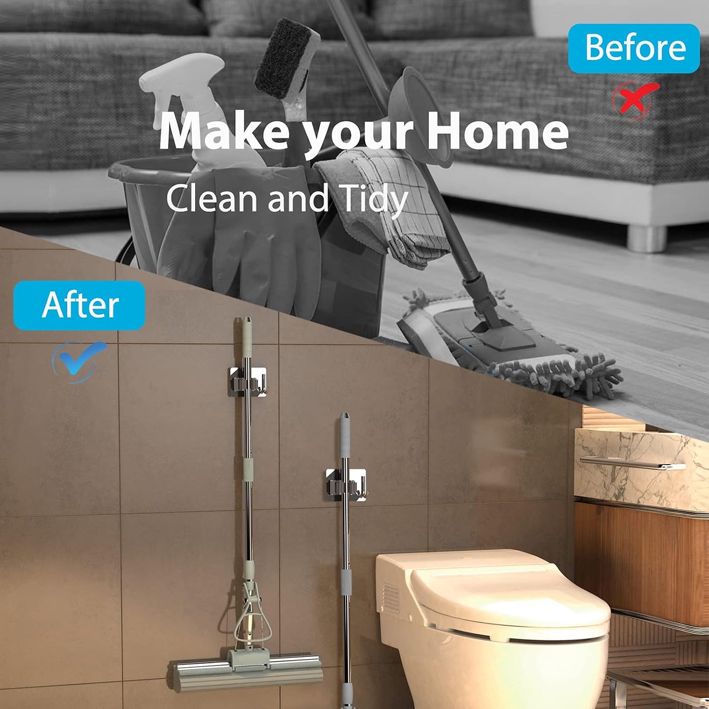 homeasy Broom Holder Wall Mount 4Pcs, Self Adhesive Mop Broom Hanger Black | Self adhesive stainless steel broom organizer with 4 hooks, holds mops, brooms and garden tools without drilling