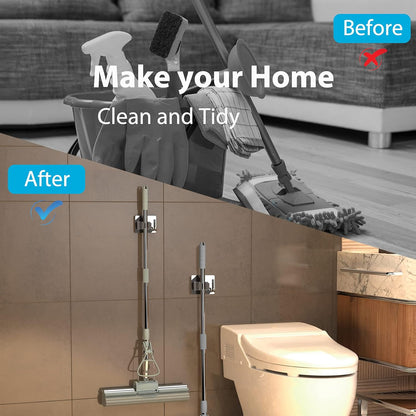 homeasy Broom Holder Wall Mount 4Pcs, Self Adhesive Mop Broom Hanger Black | Self adhesive stainless steel broom organizer with 4 hooks, holds mops, brooms and garden tools without drilling