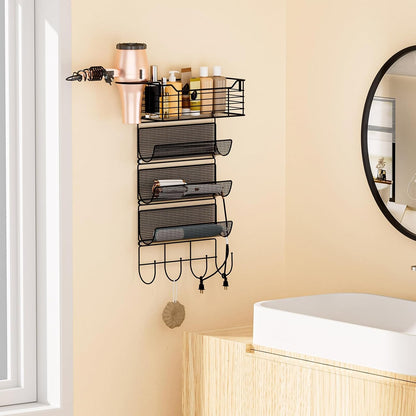 3 Tier Hair Tool Organizer Wall Mount, curling iron holder Basket, Black | Metal Mesh, Hair Dryer Holder, Bathroom Hair Styling Tool Organizer, Blow Dryer Holder, Hair Straightener Organizer