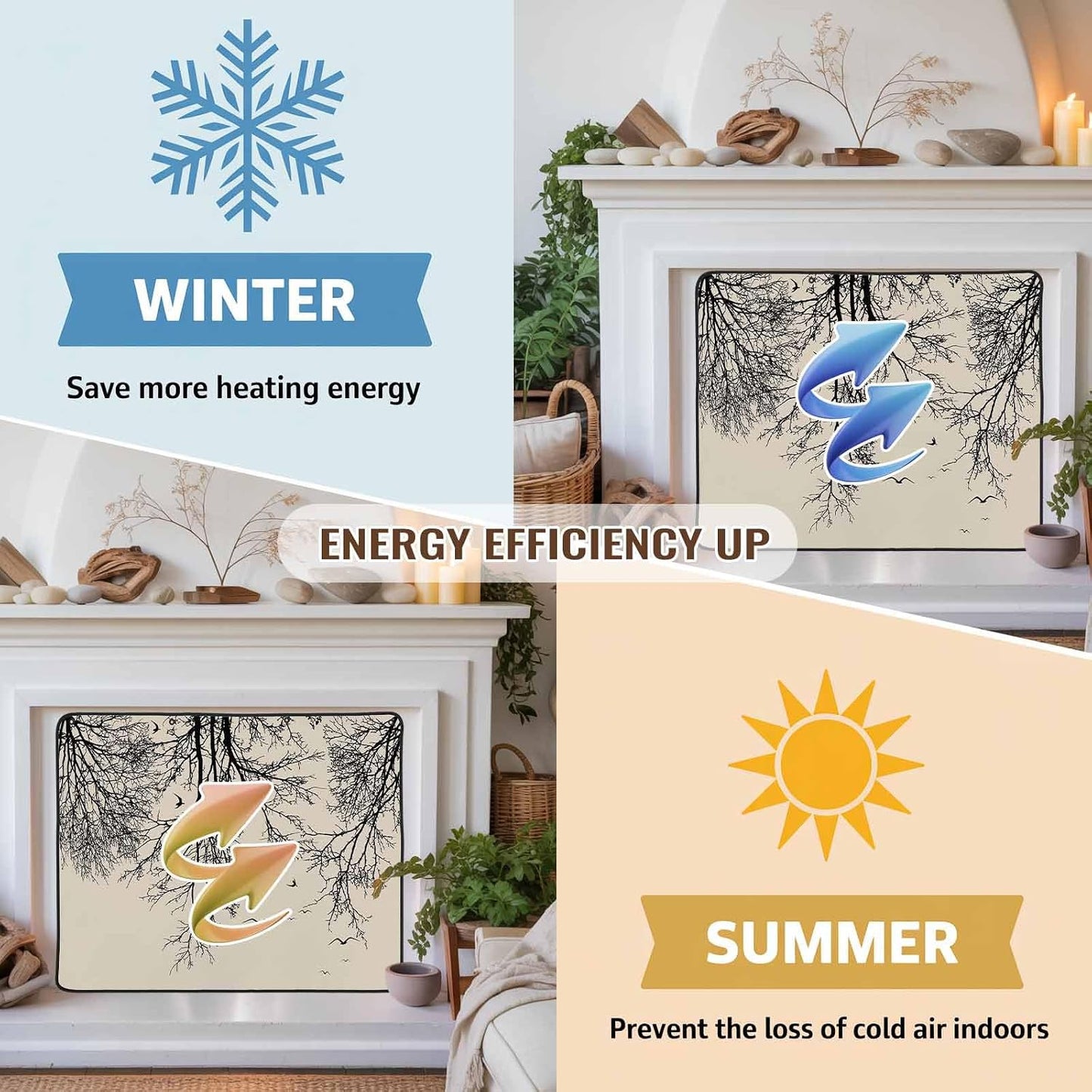 Magnetic Fireplace Cover Tree Branches Bird Fireplace Screen Decorative Brown Black Twigs Deadwood Insulation Fireplace Blocker Save Energy Fireplace Draft Stopper Covers for Living Room 45x34 Inch