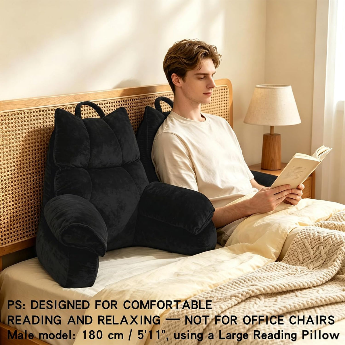 Reading Pillow for Bed with Arms, Back Support, Memory Foam（Grey Black）
