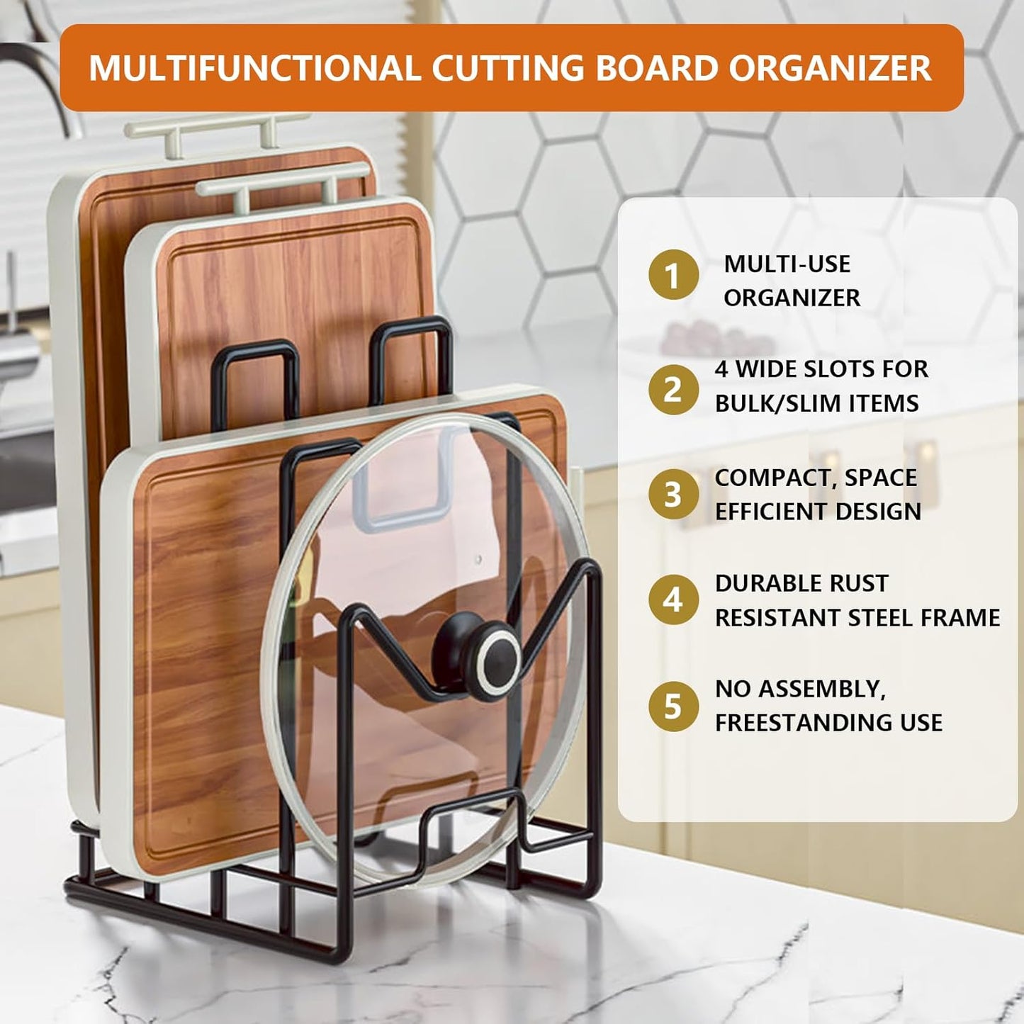 Multifunctional Cutting Board Organizer, Cutting Board Holder Rack Baking Cookie Pan Sheets Cooling Racks Storage Stand for Kitchen Cabinet -Divided Holder with 4 Slots (2PS Black)