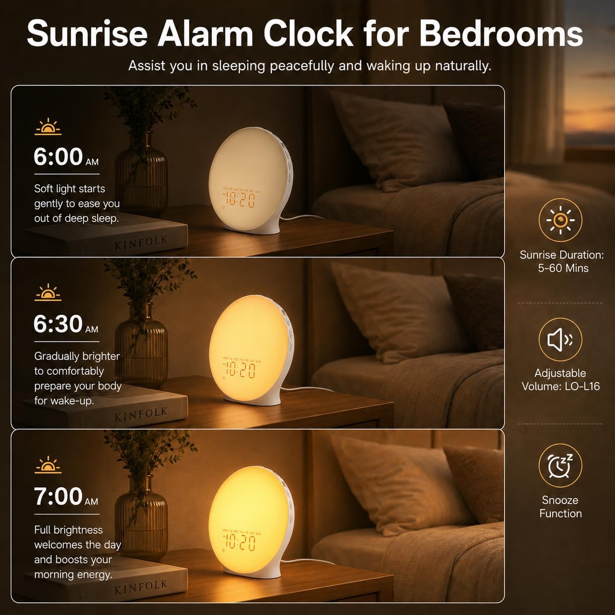 JALL Full Screen Sleep Sound Machine Sunrise Alarm Clock with 25 White Noise Nature Sounds, Wake Up Light for Bedrooms, Hi-Fi Bluetooth Speaker, 8-Hour Sleep Timer