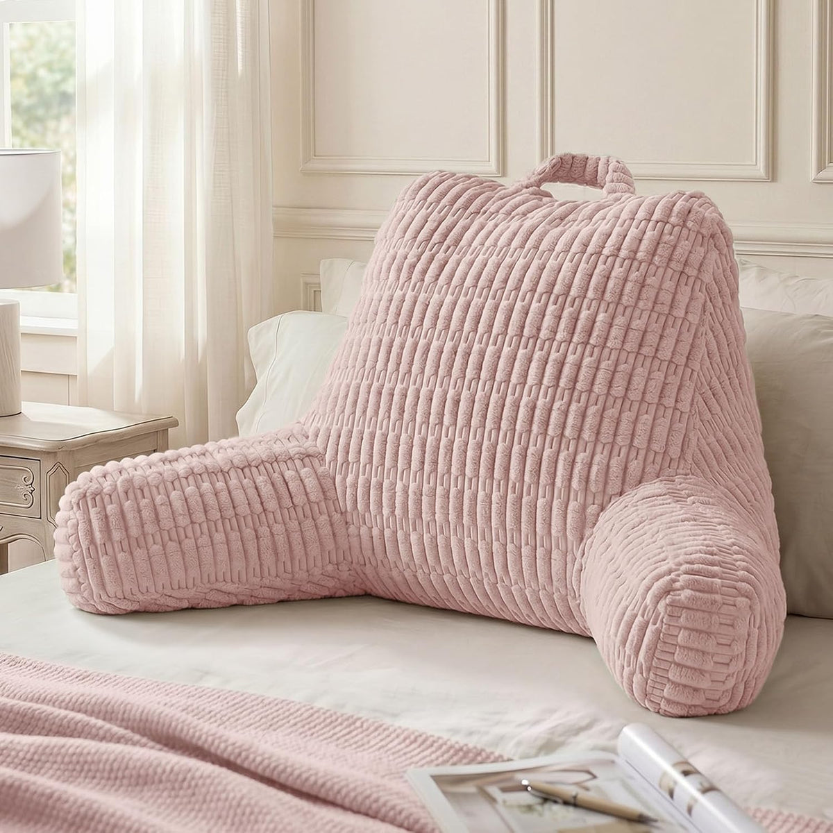 Blissful Diary Reading Pillow, Backrest Pillow with Shredded Memory Foam for Adult & Children, Designed for Bed and Couch Sitting Up, Includes Arms, Pockets and Washable Cover, Off White