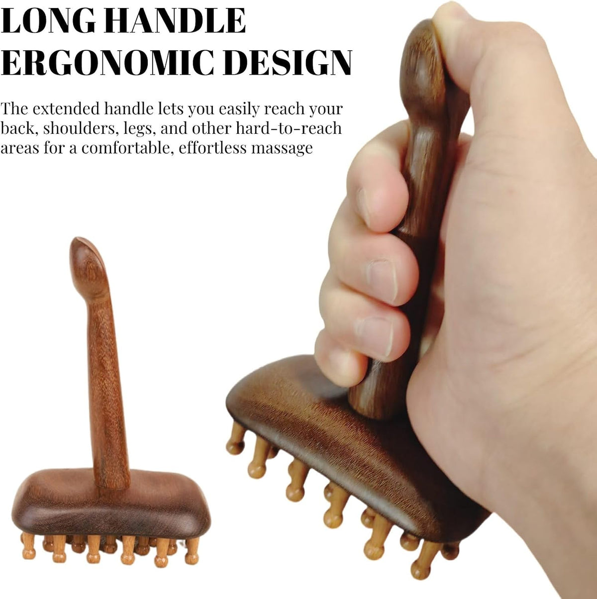 Large Wooden Meridian Massage Brush, Sandalwood, Long Handle