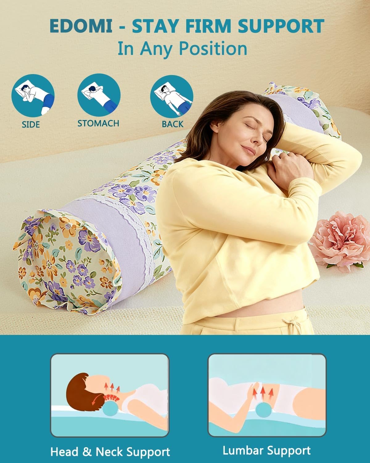 Buckwheat Cervical Pillow for Sleeping, Adjustable Roll Pillow for Neck Relief with Washable Pillowcase, Round Cylinder Bolster for Firm Support, 16x4 inch (Khaki)