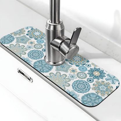 Aquamarine Blue Mexican Tiles Faucet Splash Guard Mat for Kitchen Sink 15x5.5" - Colors B