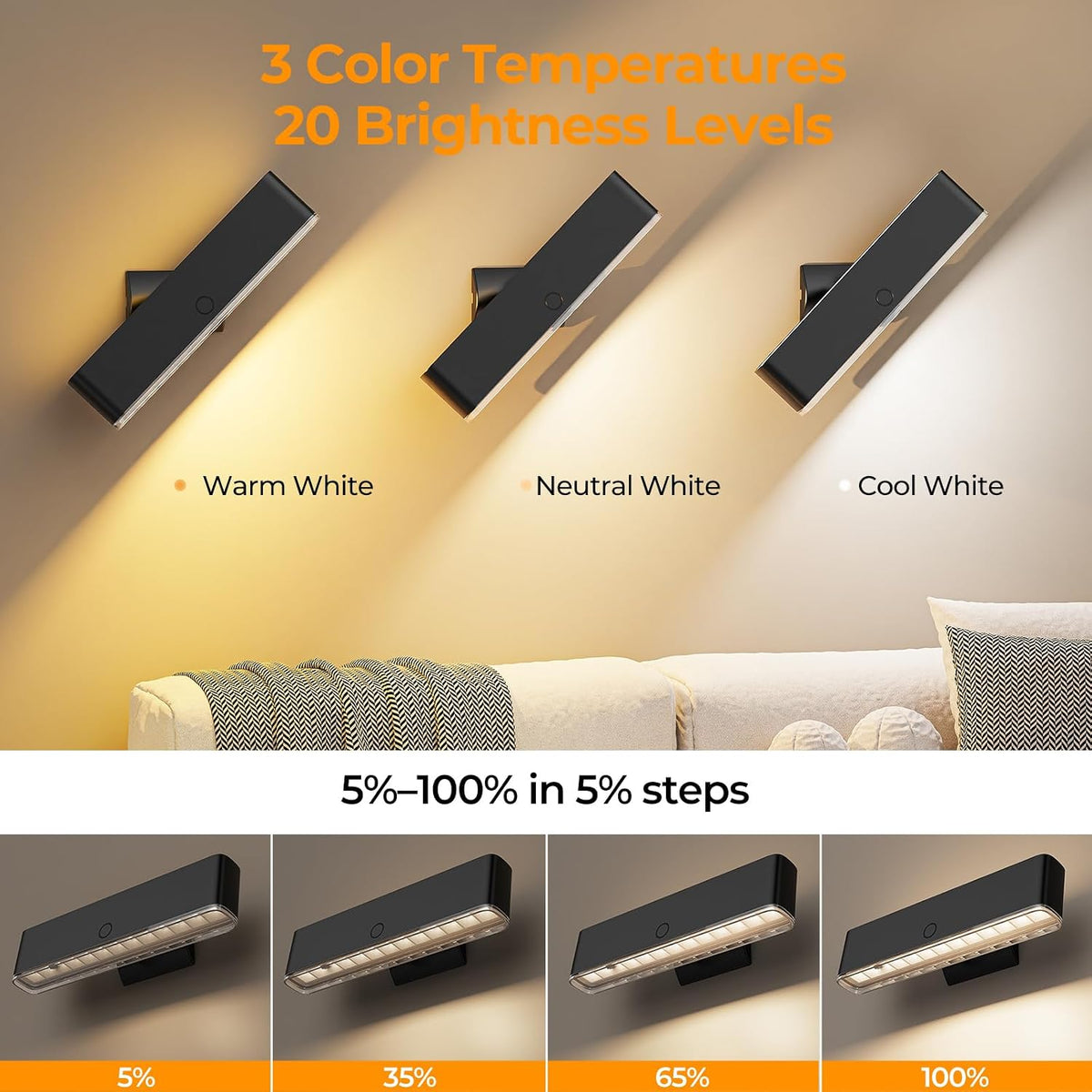MOITA Battery Operated Wall Sconce Set of 2 Wireless Wall Lamp with Remote Control & Touch Control Rechargeable LED Wall Lights 3 Color Temperatures 360° Rotatable for Bedroom Living Room Black