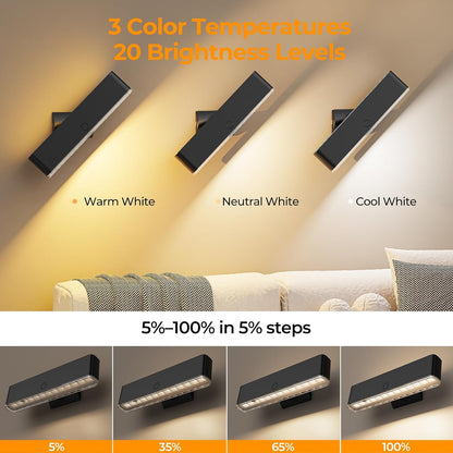 MOITA Battery Operated Wall Sconce Set of 2 Wireless Wall Lamp with Remote Control & Touch Control Rechargeable LED Wall Lights 3 Color Temperatures 360° Rotatable for Bedroom Living Room Black