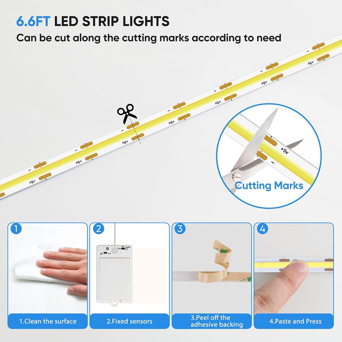 OMIKA Dual Sensor Stair Lights Indoor, Rechargeable 16.4ft LED Strip Light, 150 LEDs Double Motion Activated Under Bed Night Lights for Shelves, Stairway, Closet, Corridor, Bedroom, 6000K Cool White