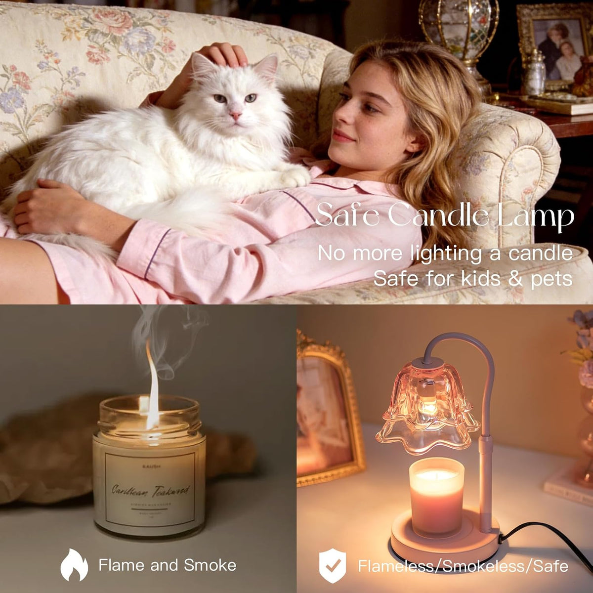 Candeldo Candle Warmer Lamp with Timer, Gold Flower Glass Shade