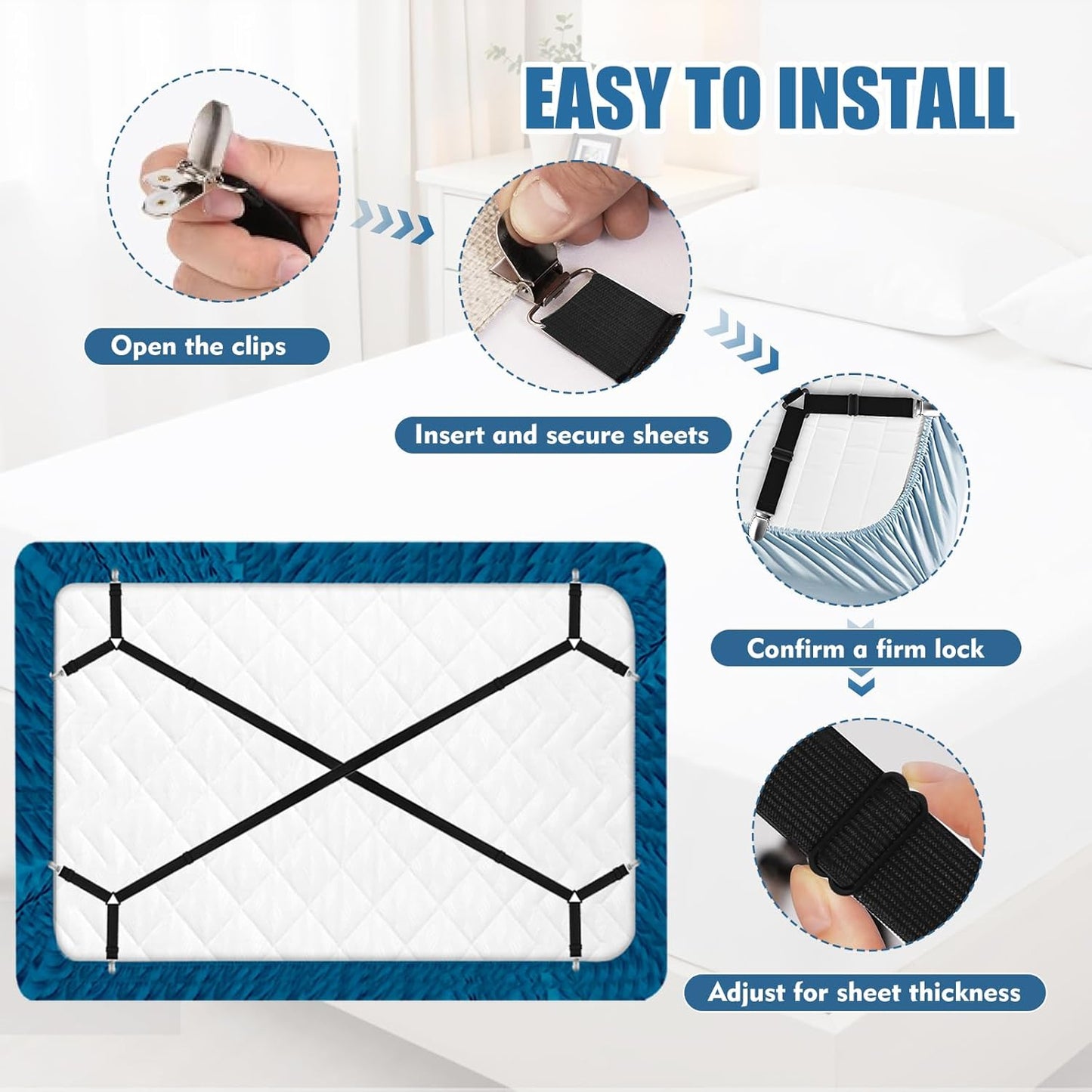 4Pcs Sheet Holders, Adjustable Bed Sheet Holders for Corners Elastic | Sheet Straps Upgrade with Metal Clips Keep Sheet Firm & Tight, Non-Slip Strong for Crib to King Size Bed