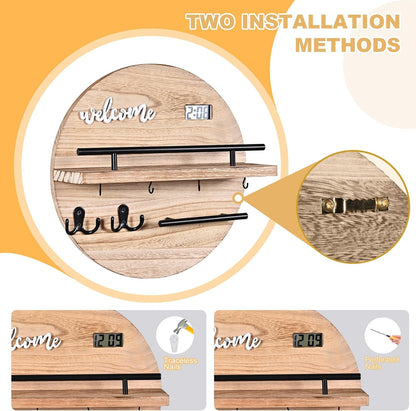 Key Holder for Wall, Key and Mail Holder Organizer with - Key Holder Wall Mount - Round Wooden Rustic Home Decor for Entryway, Mudroom, Hallway, Kitchen Office (Black)