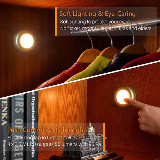STAR-SPANGLED 2.8” LED Puck Lights Under Cabinet AAA Battery, 5 Pack White | Mini Touch Lamp Battery Operated Powered, DIY Strong Adhesive Stick on Push Tap Light for Kitchen, Closet, Pantry, Shelf