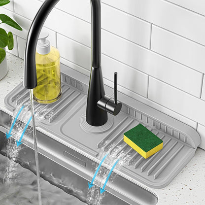 PoYang 24 Inch Faucet Mat for Kitchen Sink Splash Guard, Silicone, Black | Sink Protectors with 7° Slope for Smooth Drainage, Snap Button Holds It in Place, 90° Foldable & Cuttable Hole Fit Most Sinks