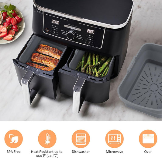 2Pcs Air Fryer Silicone Liners with Magnetic Cheat Sheet, 8-10 QT, Grey