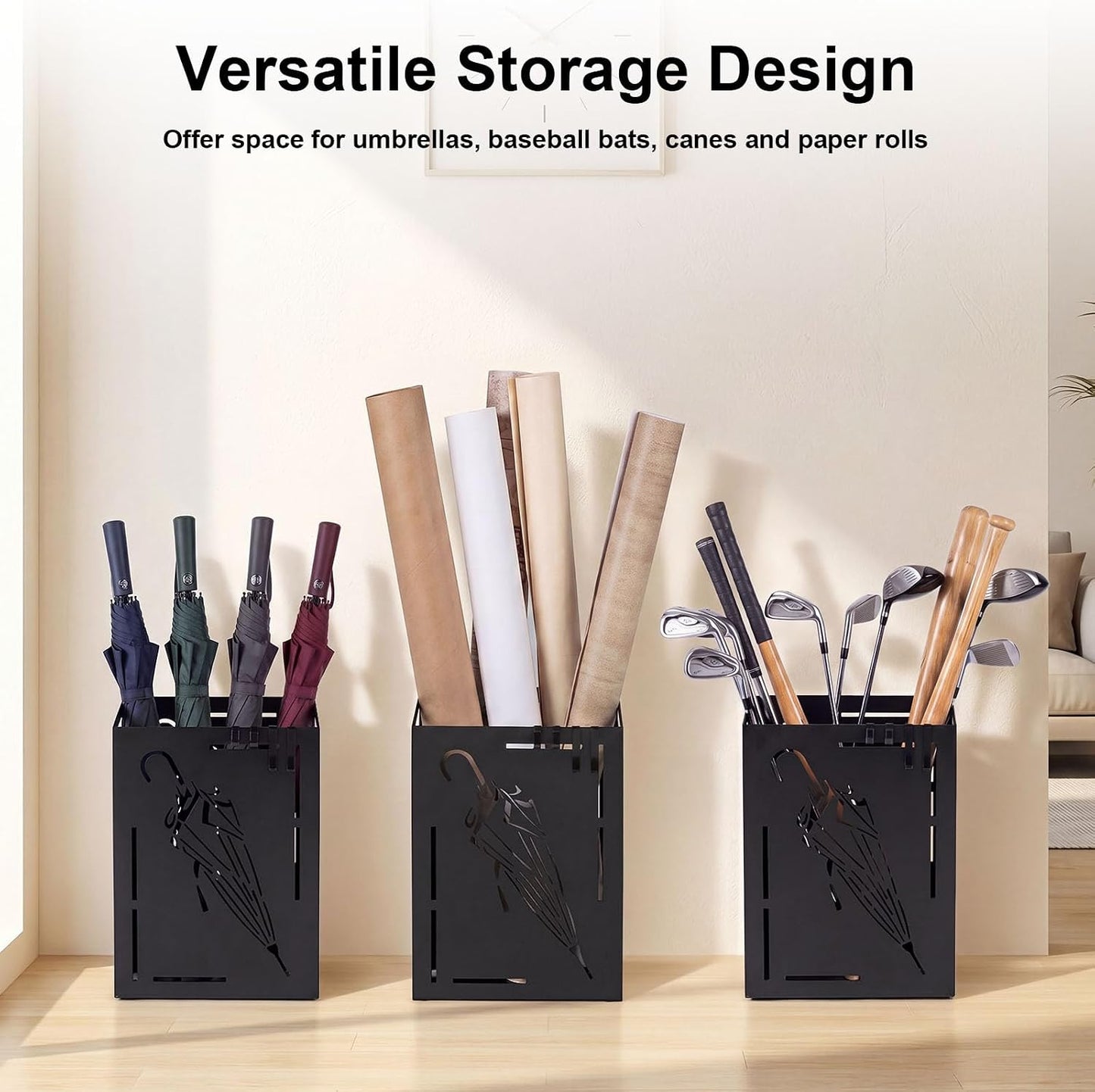 Goplus Metal Umbrella Holder, Indoor Umbrella Stand Freestanding, Black | Removable Drip Tray, 4 Hanging Hooks, Heavy-Duty Rectangular Umbrella Holders for Entryway, Home Office, 11 x 5 x 16 Inch