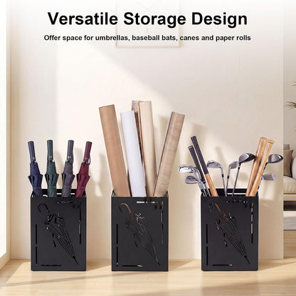 Goplus Metal Umbrella Holder, Indoor Umbrella Stand Freestanding, Black | Removable Drip Tray, 4 Hanging Hooks, Heavy-Duty Rectangular Umbrella Holders for Entryway, Home Office, 11 x 5 x 16 Inch