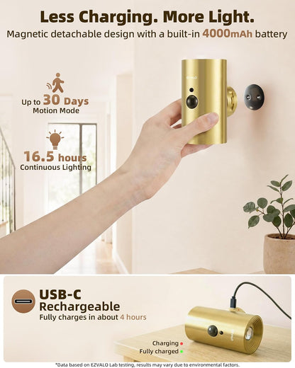 EZVALO Motion Sensor Wall Sconces with Remote, Rechargeable Battery Operated 4000mAh Wall Lights, 3 Color Temperatures & 12 RGB, Wireless LED Lighting for Hallway, Living Room (Brushed Gold, 2 Pack)