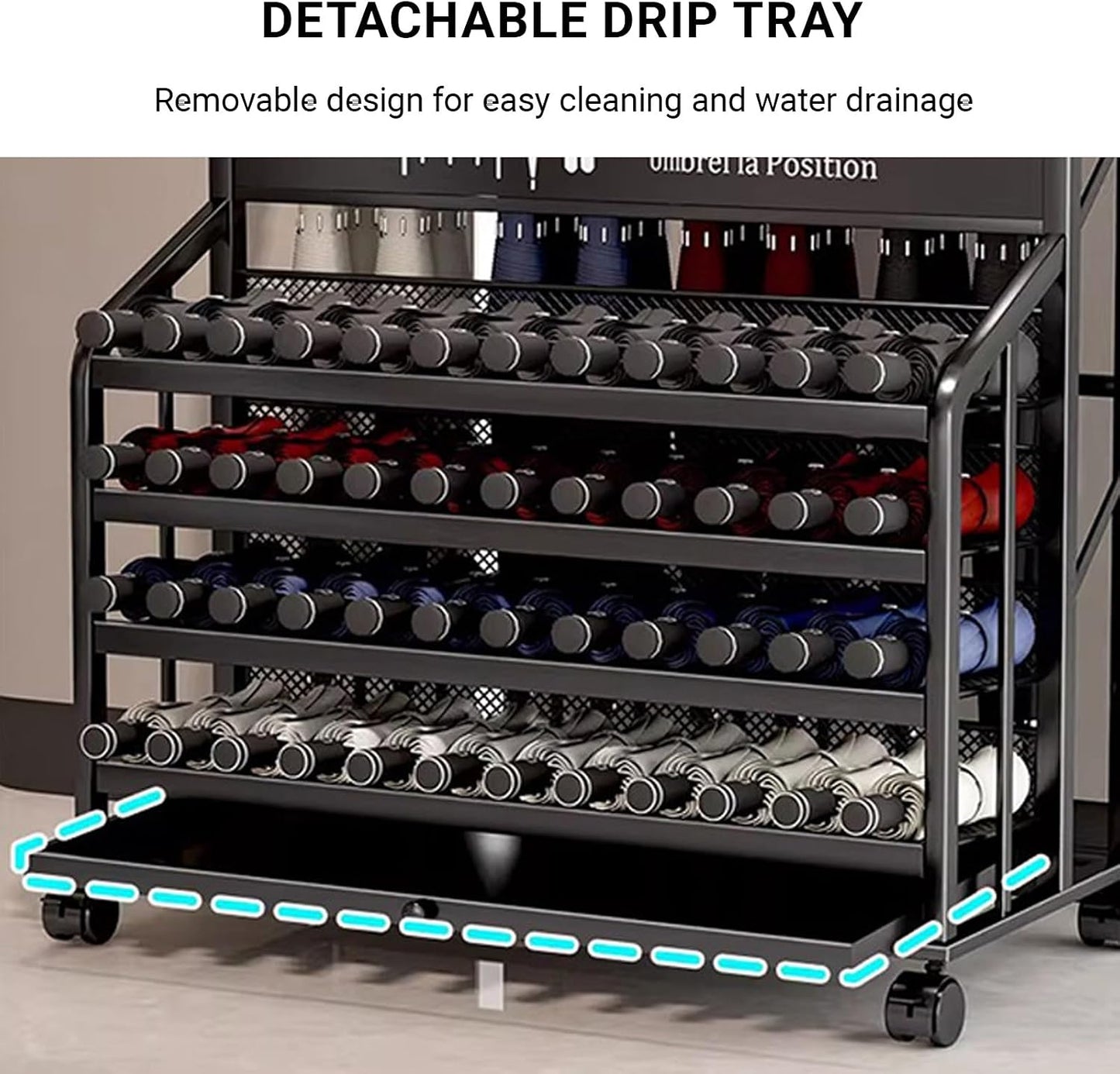Umbrella Stand with Dual-Tier Partition, Umbrella Holder for Entryway with Drip Tray & Wheels, Thickened Iron Storage Rack for Long/Folding Cane(Black,Small)