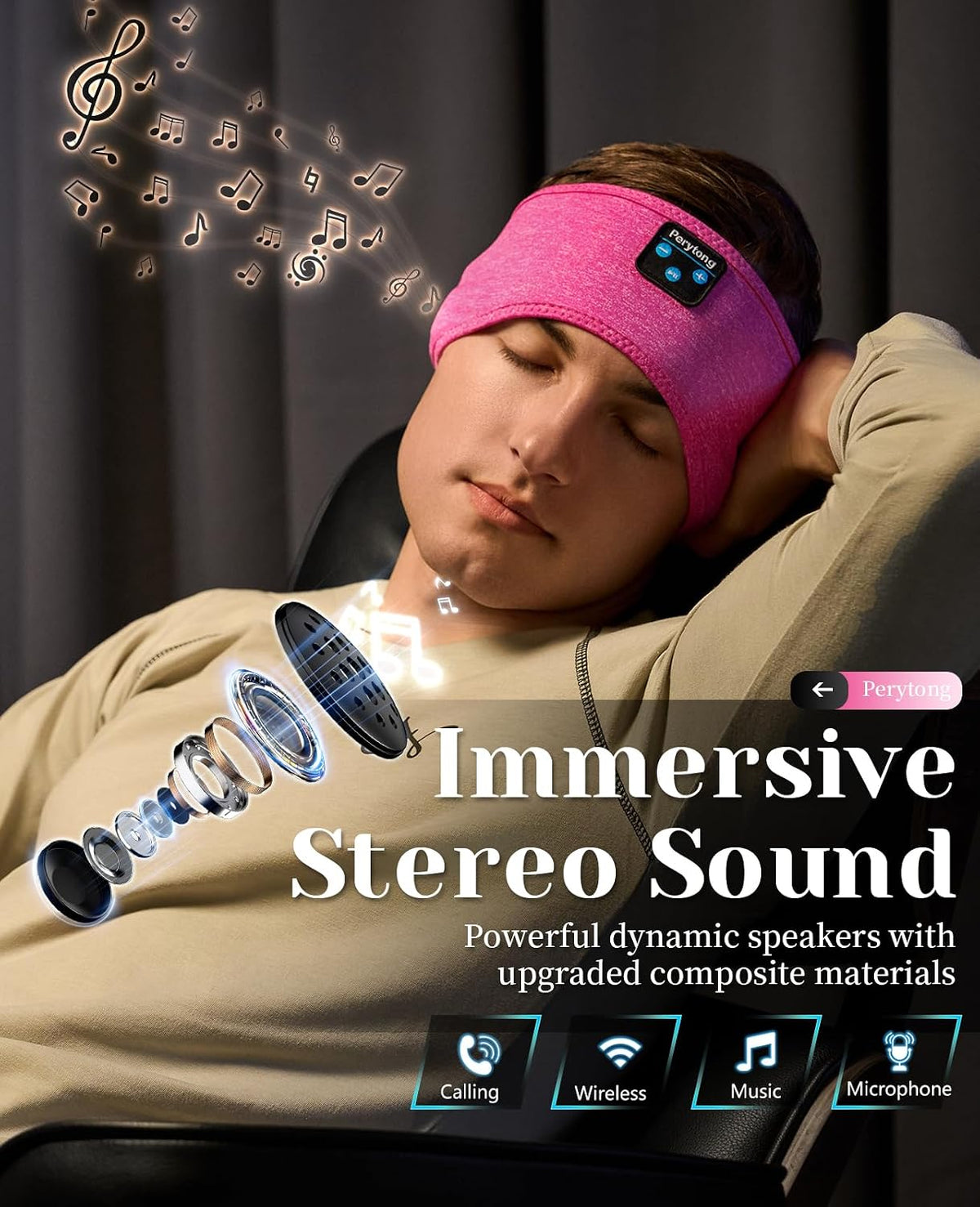 Perytong Sleeping Headphones Bluetooth Headband, Soft Long Time Play Sleeping Headsets with Built in Speakers Perfect for Workout,Running,Yoga,Travel, Darkgray