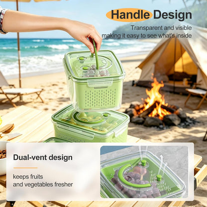 YudouTech 4 PCS Fruit Storage Containers for Fridge-Features removable Colander,All-in-One Fruit Washing Bowl & Colander,Microwave/Dishwasher Safe for Berry,Lettuce,Salad & Meat Fresh Longer,Green