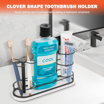 Toothbrush Holder Stand for Bathroom, Metal Toothbrush Organizer with Marble Base, Toothbrush Storage Collection for Family, Suitable for Home Hotel Countertop Vanity (Small, Matte Black)